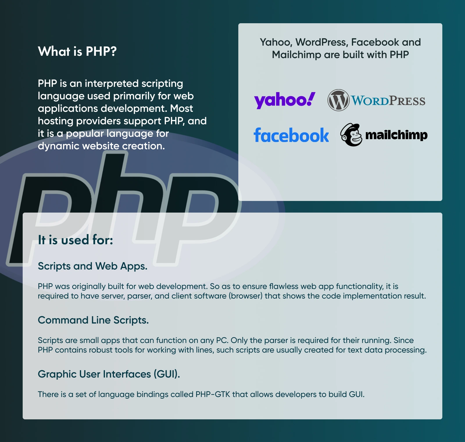 An explanation of PHP. Some details of the popular language.
